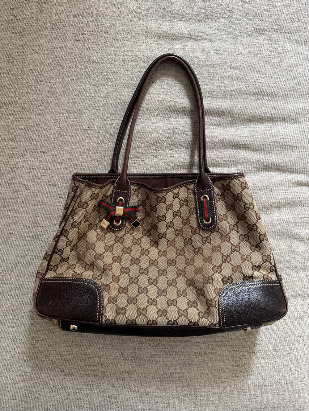 Gucci GG Canvas Princy Tote Brown Leather Web Bow Vintage